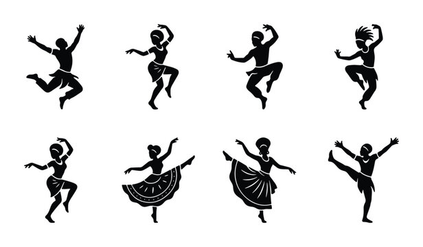 African tribal dancers silhouette collection, set of 8 ethnic dancer vector icons, traditional folk dance performance figures in black and white