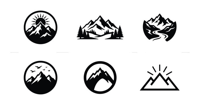 Minimalist mountain logo set, 6 black and white outdoor adventure icons, rustic nature landscape badges with pine trees and sun rays for branding