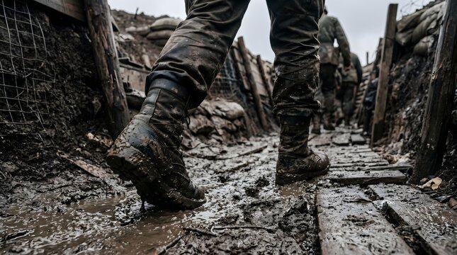 Soldiers walking through a muddy trench during wartime combat operations.