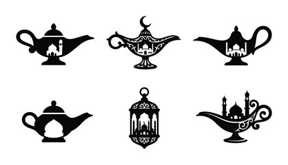 Islamic magic lamp silhouettes, set of 6 black oil lamp icons with mosque details, traditional ramadan lantern and genie lamp vector graphics © Ruma