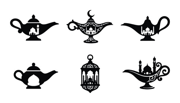 Islamic magic lamp silhouettes, set of 6 black oil lamp icons with mosque details, traditional ramadan lantern and genie lamp vector graphics