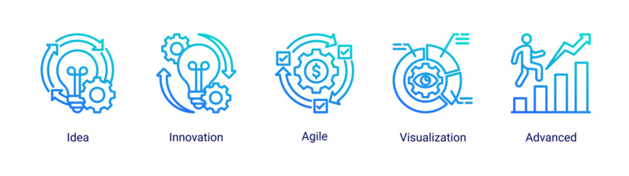 Kaizen innovation icon set featuring ideas,agile methods,and creative development concepts.Creative icon set representing innovation,and agile workflow for modern business and startup projects.