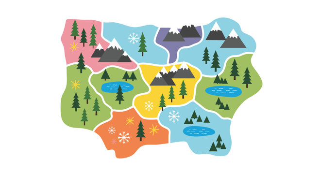 Illustrated map of a fictional land shows different biomes with pine forests, snowy mountains, blue lakes, and orange fields to see.