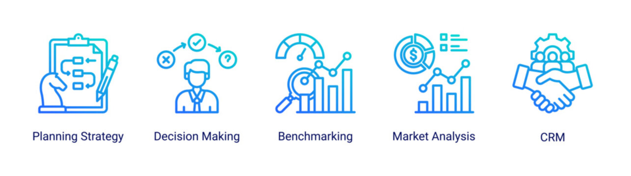 Kaizen strategy icon set featuring decision making,planning,and market analysis concepts.Strategic icon set for business planning,analysis,benchmarking,and customer management.