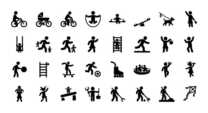 Children playground activities icon set, black stick figure kids playing outdoors vector, 32 childhood recreation symbols for park signage