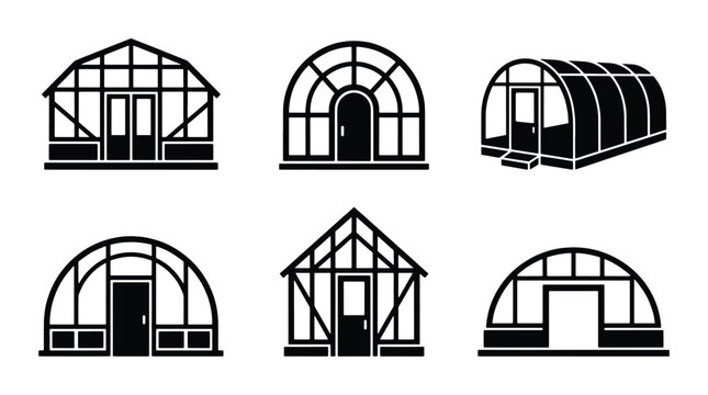Greenhouse icon set with 6 vector elements, black garden glasshouse silhouettes for agriculture, botanical nursery and backyard farming illustrations
