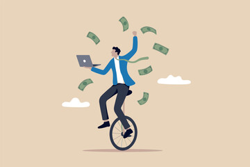 Businessman riding a unicycle with a laptop and flying money vector cartoon illustration isolated on transparent background © gfxshakib2023