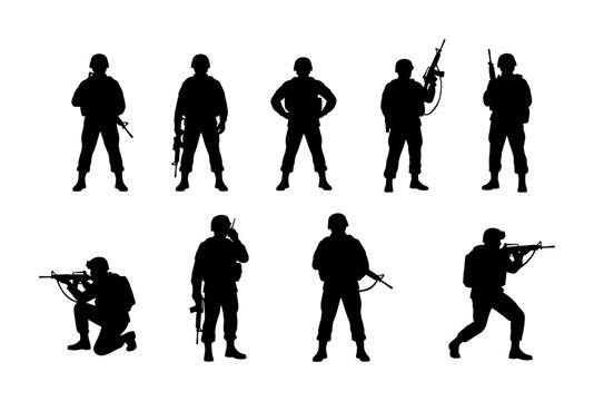 Military soldier silhouettes set, armed infantry troops in tactical gear, black army commando vector icons for war and defense concepts