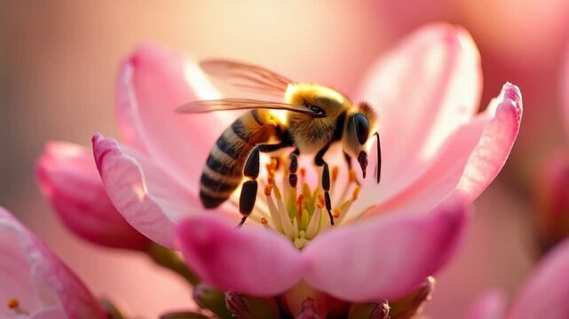 Macro shot of spring apple blossom bee collecting pollen with wing motion blur in morning light
