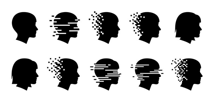 Glitch human head profile silhouettes, pixelated mental health icons, 10 digital disintegration face vectors, memory loss and identity concept art