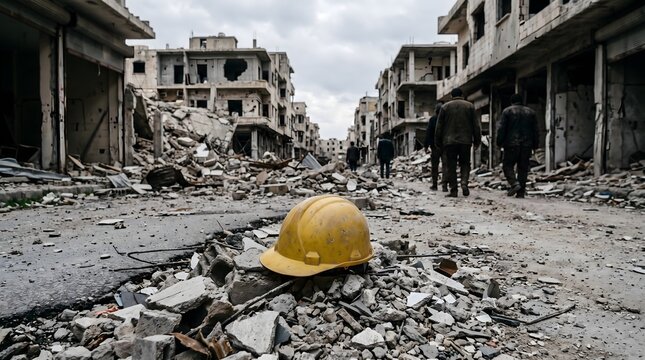 Yellow hard hat on rubble in a destroyed city street after war or disaster.