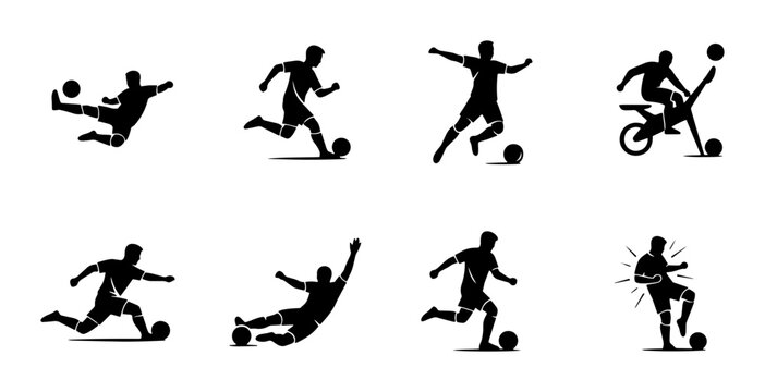 Soccer player silhouettes set, football athlete action poses collection, black vector icons of players kicking and dribbling, sports competition graphics