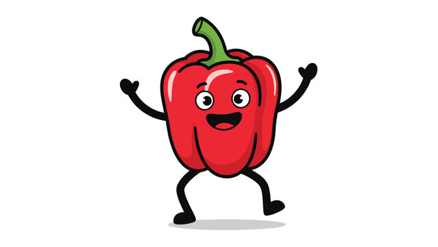 Energetic red bell pepper character with a happy face and open arms dancing on a white background for healthy food themes.