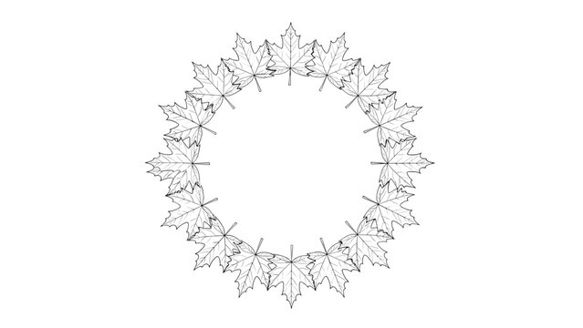 Minimalist circular frame created with black line drawings of maple leaves on a white background for autumn design projects.
