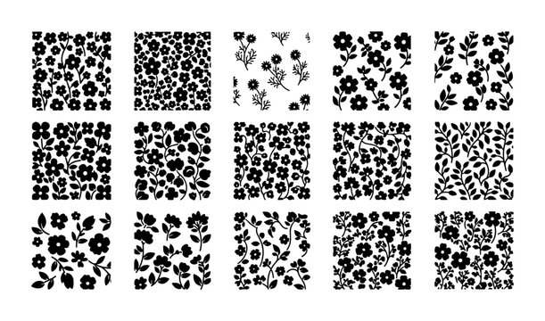Minimalist black and white floral patterns, set of 15 botanical seamless vector swatches, hand drawn ditsy flower textures for textile design