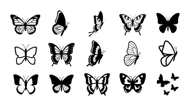 Minimalist butterfly silhouette collection, 15 black and white insect vector icons, elegant butterfly wing line art set for nature branding and tattoo design