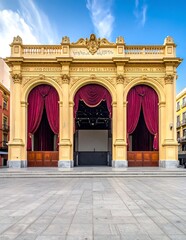 Obraz premium Ornate Yellow Architectural Theater Pavilion With Red Velvet Curtains On A Public Square Under A Blue