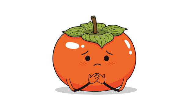 Worried persimmon fruit character with a sad expression and hands together on a white background with a subtle shadow.