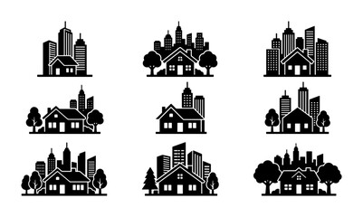 Fototapeta premium Modern City Real Estate Icons, Set of 9 Black House and Skyscraper Vector Silhouettes, Urban Residential and Commercial Building Logos
