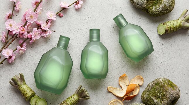 Three green frosted glass perfume bottles with cherry blossoms and wasabi root on stone background.