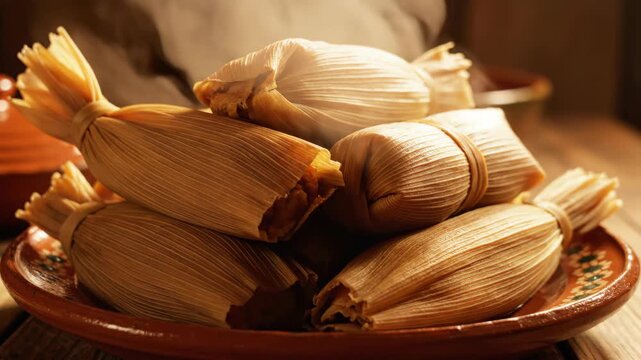 Steaming tamales served on a rustic clay plate with warm light