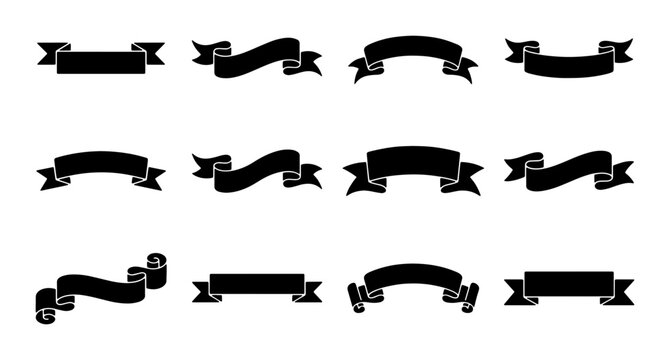 Vintage black ribbon banners set, 12 decorative scroll vector elements, classic heraldic banner silhouettes for labels and certificates