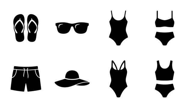 Summer beach wear icon set, black silhouette swimwear and vacation accessories, 8 vector elements including swimsuits, sunglasses, and flip flops