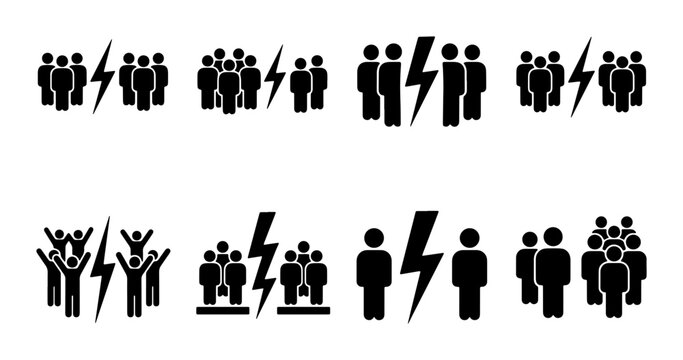 Conflict and disagreement icon set, 8 black vector silhouettes of people separated by lightning bolt, social division and group argument symbols