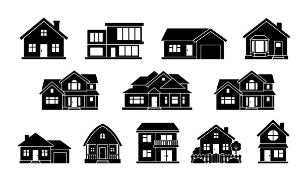 Black house silhouette icons set, residential building exterior vector collection, modern real estate property symbols for maps and infographics