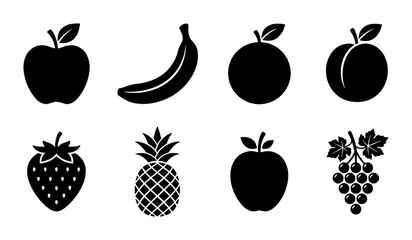 Minimalist fruit icon set with 8 black silhouettes, flat vector fruit symbols for grocery and food apps, organic produce collection including apple and banana © Ruma