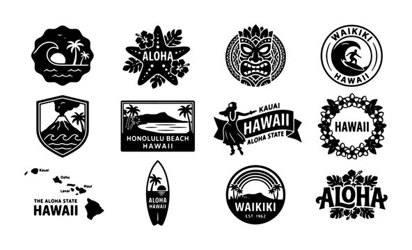 Vintage Hawaii travel badges and tropical aloha icons, set of 12 black and white surf emblems, Waikiki beach and Honolulu island vector graphics