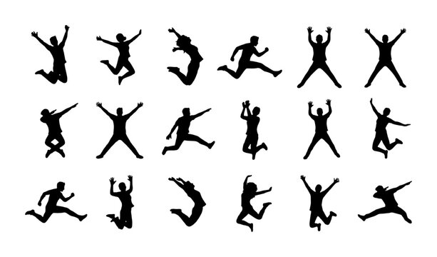 Jumping people silhouettes set, 18 happy person jumping and dancing figures, black human silhouettes in action poses, active lifestyle vector elements