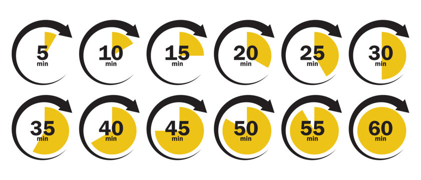 Minutes countdown timer icon set. The clock is filled with yellow colour every 5 minutes after 12 clock. Simple time duration icons showing 5 to 60 minutes. Vector illustration.