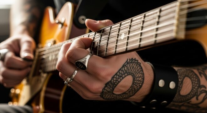 Musician's Tattooed Hands Playing Electric Guitar Fretboard and Strings