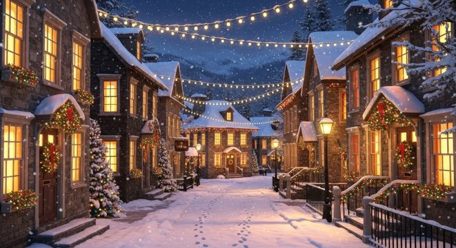 Enchanting Snowy Christmas Village Street at Night with Festive Lights
