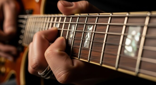 Close-up of a hand playing an electric guitar's fretboard