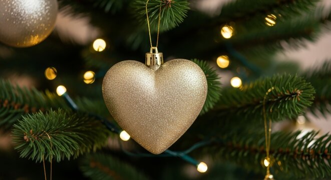 Golden Heart Christmas Ornament on a Twinkling Tree