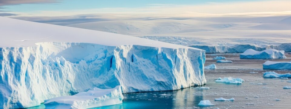 Towering Iceberg Wall and Ice Floes in Antarctic Waters