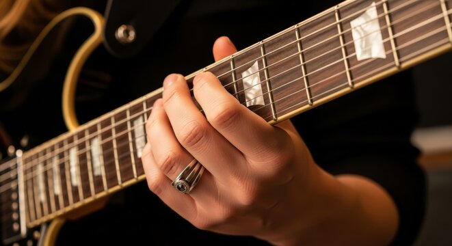 Close-up of a hand playing an electric guitar's fretboard
