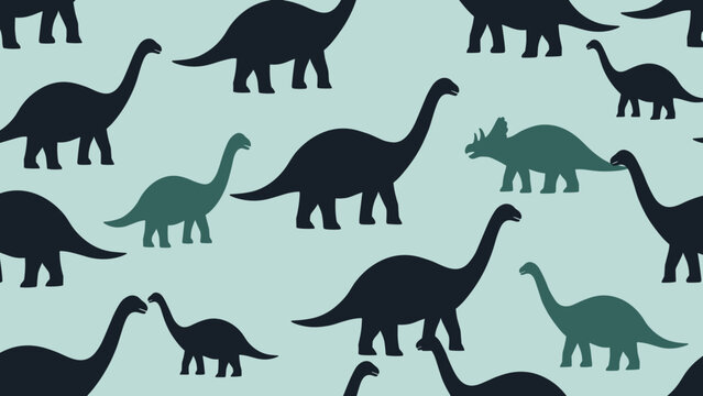 Seamless pattern showcasing various dinosaur silhouettes like Brachiosaurus and Triceratops on a light green base.