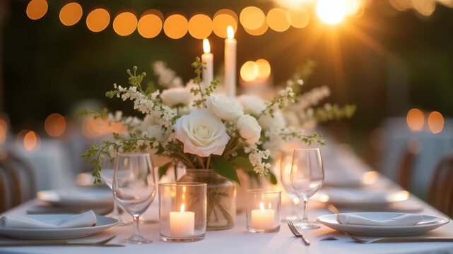 Summer outdoor wedding reception table with white flower centerpiece candles and string lights at dusk