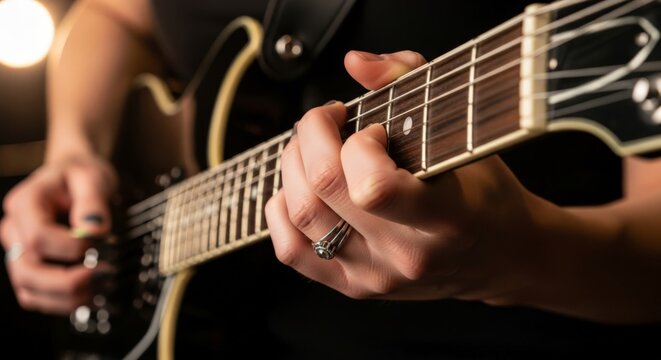 Close-up of a hand playing an electric guitar's fretboard