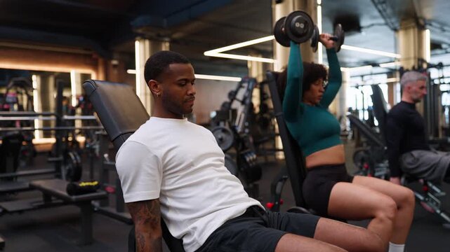 Muscular african american man performing bicep curls at the gym