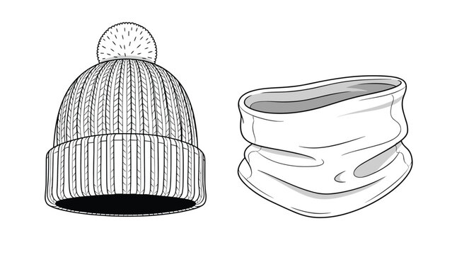Black and white line art of a knitted winter hat with a pom-pom and a matching tubular neck warmer winter scarf.