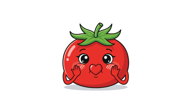 Cute and lovable cartoon tomato character with a heart-shaped mouth and blushing cheeks blowing a romantic kiss.