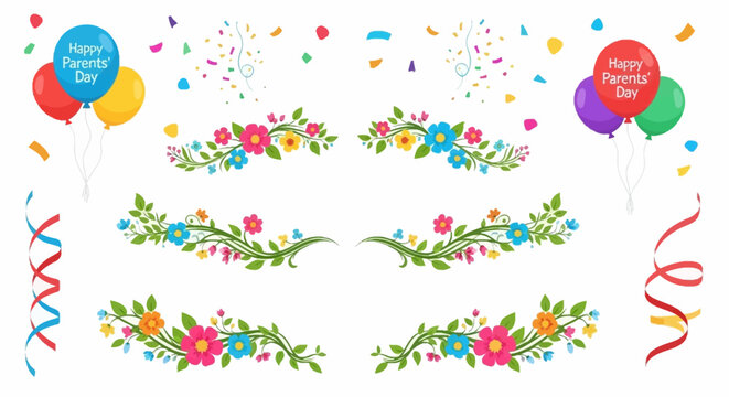 Set of floral border decorations with colorful party balloons and confetti elements.