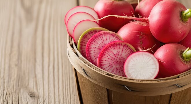Vibrant pink radishes sit in a rustic wooden basket, some sliced thin to reveal beautiful concentric circles and crisp white inner flesh, texture, natural, produce