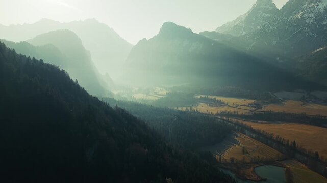 Aerial View of Misty Mountain Valley with Alpine Forest, Ges&auml;use National Park, Styria, Austria