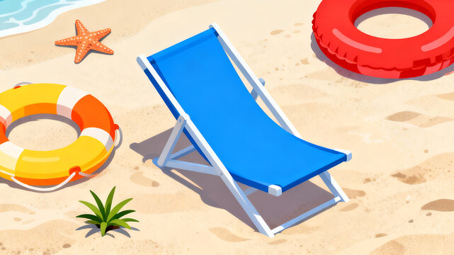 Beach chair and floaters on sand
