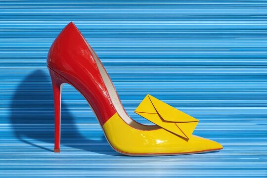 A vibrant, high-heeled shoe playfully combines with a yellow envelope, creating a striking and artistic composition against a textured blue background.
